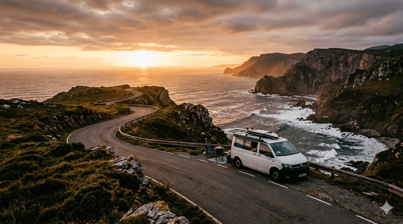 Furgoneta camper aparcada frente a un paisaje europeo al atardecer