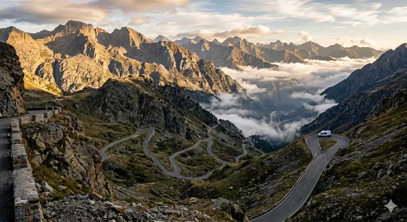 Furgoneta blanca en una carretera de montaña serpenteante en los Pirineos, picos rocosos sobre las nubes al atardecer