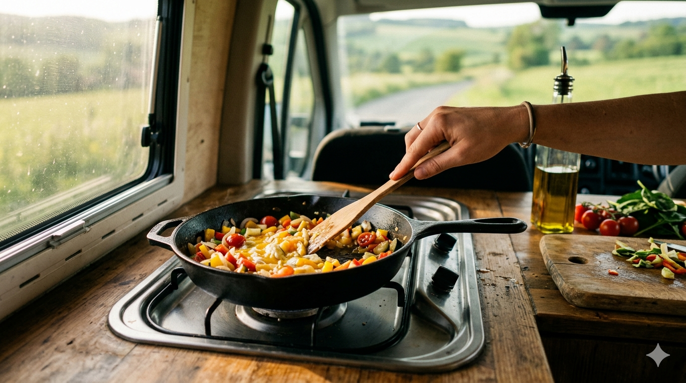Cocinando en el hornillo de dos fuegos de la furgoneta con paisaje europeo al fondo