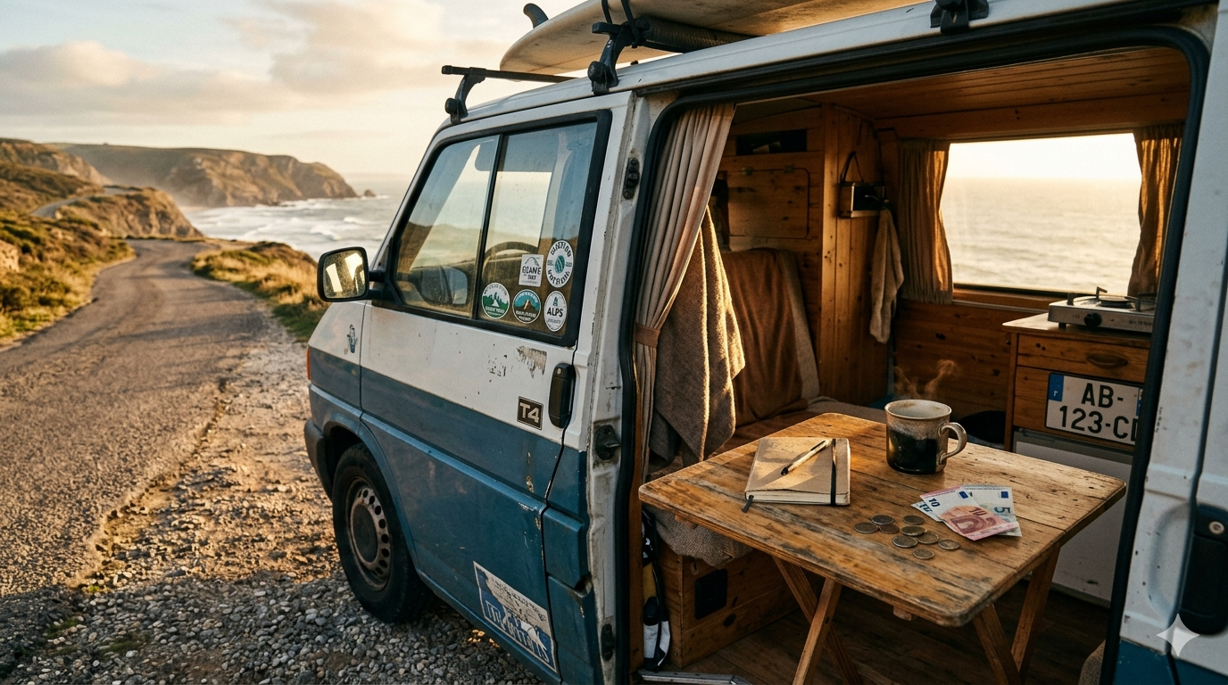 Furgoneta camper aparcada en carretera europea al atardecer con mesa y cuaderno visible en el interior